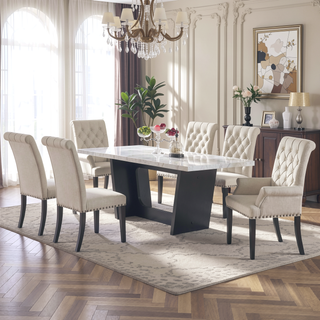 Sunvega Rustic Espresso Oak and Marble Dining Table for Family Gatherings