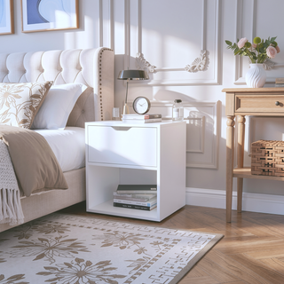 Sunvega White Altheimer Bedside Table with Drawer and Open Shelf