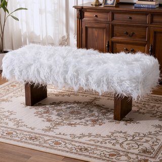 Sunvega White Khaki Fur Bench with Walnut Frame for Ottoman or Seating