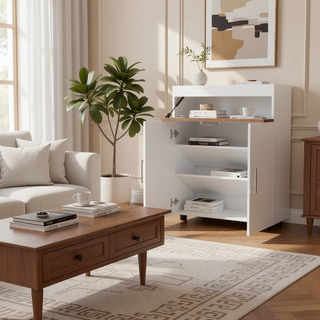 Sunvega White and Oak Lift-Up Compartment Shoe Rack with Concealed Storage