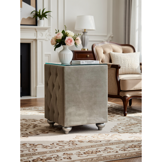 Sunvega Lucienne Beige Velvet Nightstand with Tufted Drawers and Wood Construction