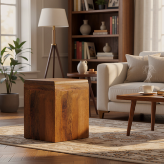 Sunvega Handcrafted Solid Mango Wood Nightstand with Drawer and Open Shelf