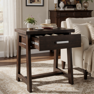Sunvega Dark Chestnut Brown Solid Wood Industrial Style Sawhorse Side Table with Drawer