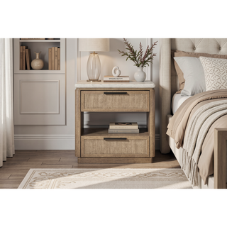 Sunvega Two Drawer Nightstand with Rope Fronts, Stone Top, and USB Charging Ports