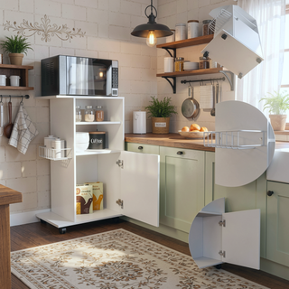 Sunvega Single Door Kitchen Cabinet Cart with Four Caster Wheels for Microwave Countertop