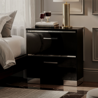 Sunvega Two Drawer Nightstand with USB Charger in Black and Chrome Finish