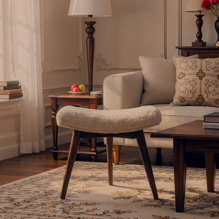 Sunvega Honey Caramel Boucle Cream Curved Bench with Solid Wood Legs for Hallway