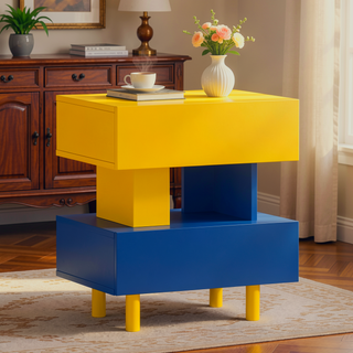 Sunvega Modern Yellow and Blue Nightstand with Large Storage Drawers for Bedroom