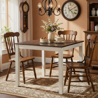 Sunvega Seven Piece Dining Set with Worn Farmhouse Finish and Light Brown Fabric Chairs