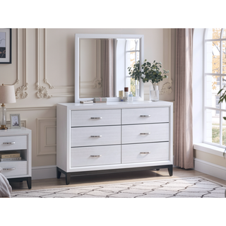 Sunvega White Laminate Nightstand with Wood Grain Detailing and Two Spacious Drawers