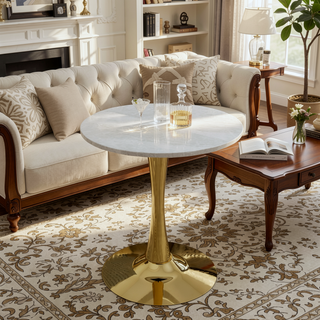 Sunvega Round White Pedestal Side Table with Marble Effect Top for Living Room
