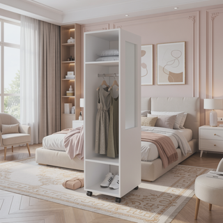 Sunvega Wenge 3-Shelf Wardrobe with Mirror and Open Storage for Bedroom