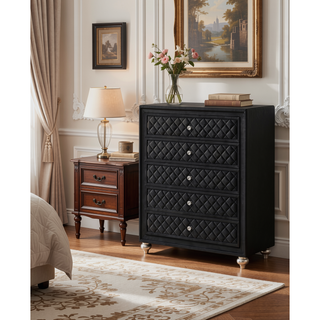 Sunvega Glam Style Black Dresser with Tufted Drawer Fronts and Faux Crystal Knobs