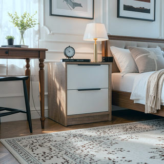 Sunvega Modern Nightstand with Two Drawers in White and Light Oak Finish