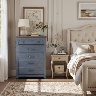 Sunvega Corduroy Blue Finish No Assembly Required Five Drawer Chest with Antique Pewter Hardware
