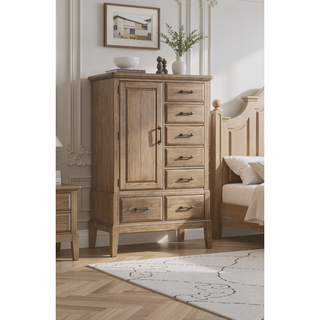 Sunvega Elm Veneer Gentleman's Chest with Drawers and Cabinet in Caramel Finish