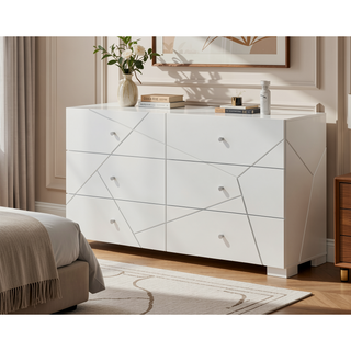 Sunvega Contemporary Nightstand with Geometric Accents and High-Gloss White Finish
