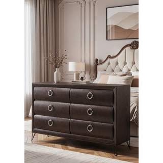 Sunvega Dark Merlot Finish Dresser with Six Spacious Drawers and Black Metal Legs