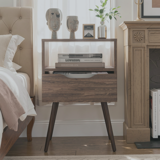 Sunvega Smokey Oak and White Finish Nightstand with Open Shelf and Drawer