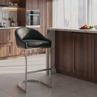 Sunvega Brushed Stainless Steel Bar Stool with Black Faux Leather Upholstery