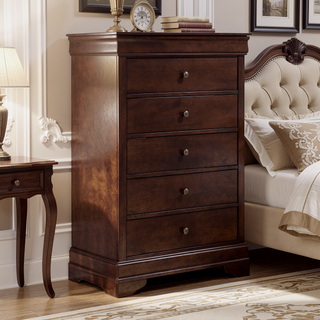 Sunvega Brown Cherry Finish Louis Phillipe Style 6 Drawer Dresser with Hidden Jewelry Storage