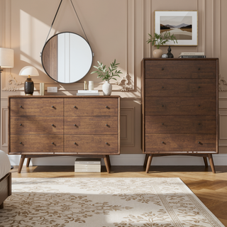 Sunvega Mid-Century Modern Solid Wood Dresser with Tapered Legs and Partial Assembly