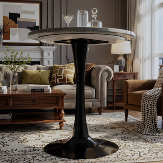 Sunvega Round White Pedestal Side Table with Marble Effect Top for Living Room