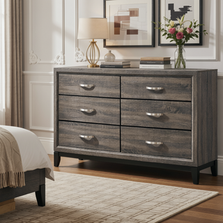 Sunvega Transitional Style Two-Tone Grey Oak 6-Drawer Dresser with Black Grooves
