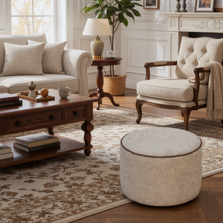 Sunvega Upholstered Beige Large Round Footstool with Timeless Elegance and Clean Lines