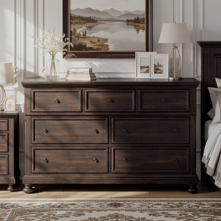 Sunvega Seven Drawer Dresser with Storage in Dark Cherry Finish