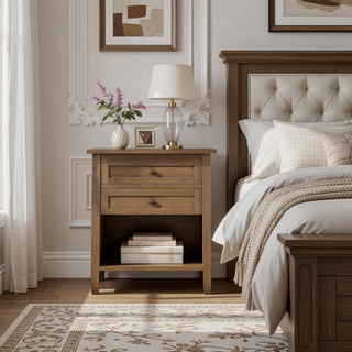 Sunvega Solid Wood Bedside Table with Two Drawers and Lower Shelf Storage