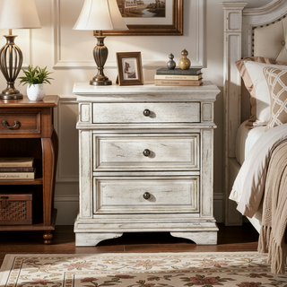 Sunvega Nightstand With USB Charging In Cathedral White Vintage Finish