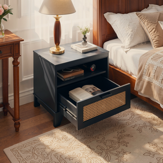 Sunvega Modern Cane Nightstand with Drawer and Open Cubby for Bedroom