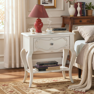 Sunvega Pearl White Nightstand with Scalloped Apron and Drawer Shelf