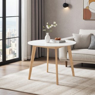 Sunvega Mid-Century Modern Round Dining Table with Two-Tone White and Natural Wood