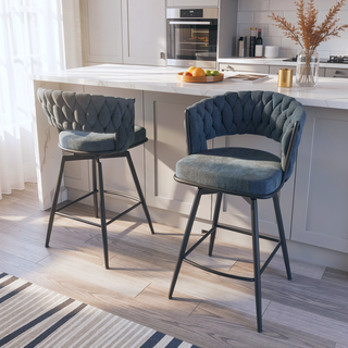 Sunvega Set of 2 Blue Suede Woven Swivel Bar Stools with Golden Legs and Footrest