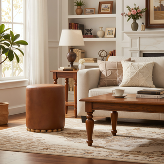 Sunvega Bola Leather Stool with Wooden Feet and Rounded Oak-ish Finish