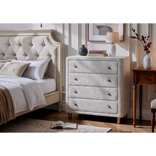 Sunvega Grey 4-Drawer Upholstered Chest with Metal Side Drawers and Traditional Knob Handles