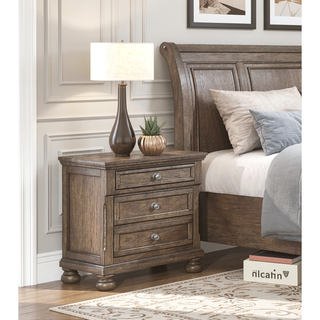 Sunvega Antique Brown Finish Nightstand with Hidden Drawer and Bun Feet