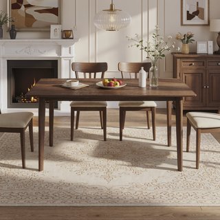Sunvega Mid-Century Modern Solid Wood Dining Table with Beveled Edges Brown Stain Finish