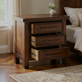 Sunvega Brown Mango Veneer Nightstand with 3 Dovetail Drawers and Dark Bronze Pulls
