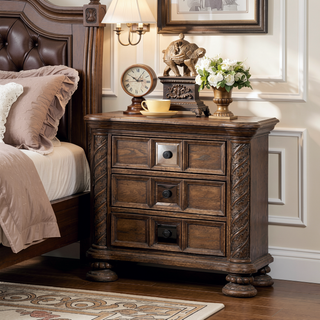 Sunvega Traditional Rustic Solid Wood Nightstand with Bronze Hanging Pulls and 3 Drawers