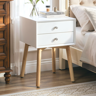 Sunvega Mid-Century Modern Bedside Table with 2 Drawers and Rubber Wood Legs