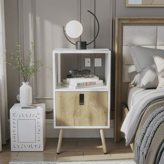 Sunvega White Macadamia Nightstand with Storage Drawer and Open Shelf