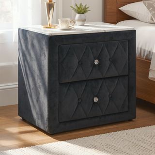 Sunvega Modern Nightstand with Faux Marble Top and Two Fabric Upholstered Storage Drawers