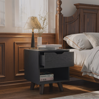 Sunvega Modern Nightstand with Open Shelf and Drawer on Wooden Legs
