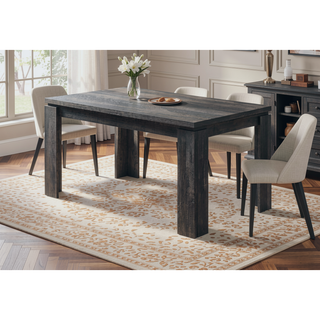 Sunvega Black Reclaimed Wood Look Dining Table with Block Legs Seats 6
