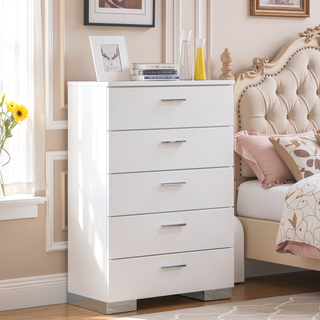 Sunvega Modern White High Gloss 5-Drawer Chest with Chrome Handles for Bedroom