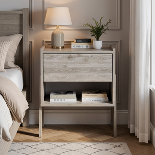 Sunvega Light Grey Nightstand with Drawer and Open Shelf for Ample Storage