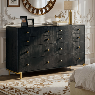 Sunvega Black Wood Grain Dresser with Eight Spacious Drawers and Gold Accents